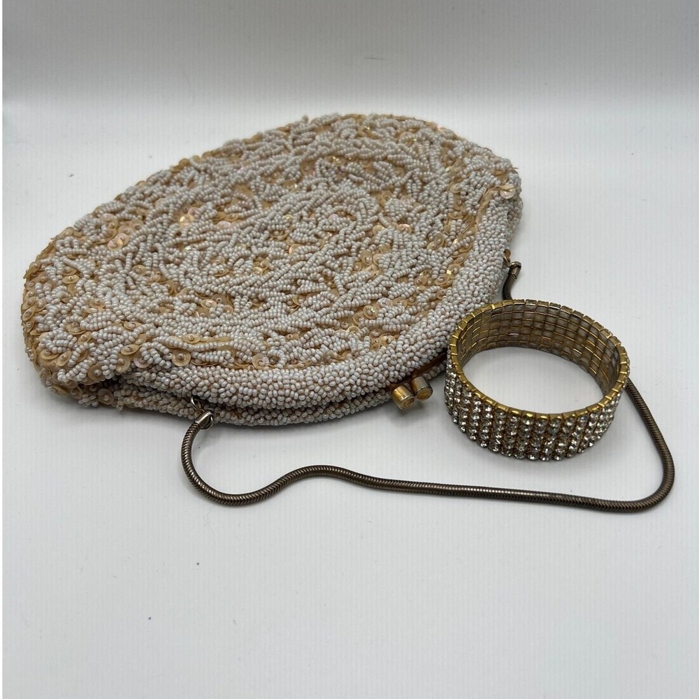 Beaded Sequin Evening Bag Clutch Rhinestone Bracelet Vintage Glam Boho White
